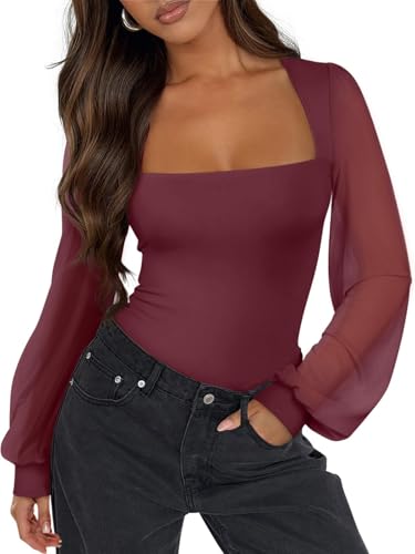 PINKMSTYLE Mesh Long Sleeve Bodysuit for Women Square Neck Body Suits Cute Double Lined Tops Classy Sheer Puff Sleeves Shirt Burgundy Large