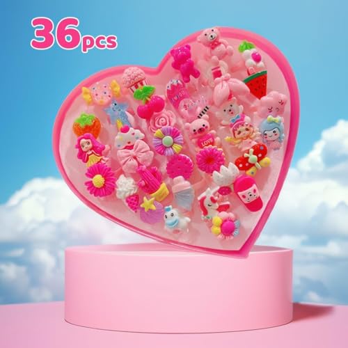 Image of Adjustable Rings Set for Kids | 36 Pcs Jewelry Rings with Heart Shape Box, Birthday Gift