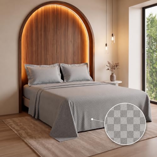 Image of LANE LINEN 400TC 100% Cotton Micro Check King Size Bedsheet - Silver | OEKO-Tex Certified, 108 x 108 Inch, Fits King & Double Size Bed, Breathable & Wrinkle-Free, Includes 2 Pillow Covers