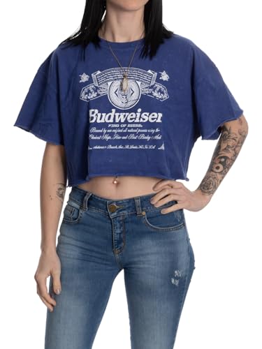 Calhoun Budweiser Distressed Label Womens Oversize Drop Shoulder Cropped T-Shirt (Small/Medium) Navy