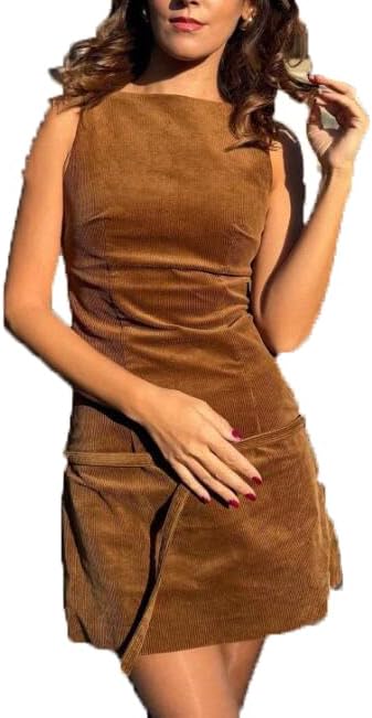 Women's Corduroy Brown Mini Dress Belt O-Neck Sleeveless Back Zipper Casual Party Dress A S