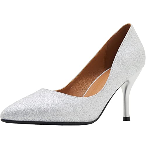 XIEWANG Mujer Zapatos Elegantes Tacón stilettos Zapatos co Tacón Oficina 7cm, Plata con purpurina, 40 EU Cover