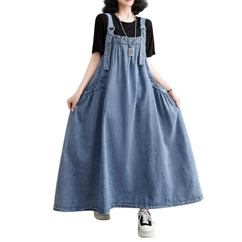 Image of Women's Casual Loose Denim Dress Sleeveless Adjustable Straps Denim Jumper Dress with Pockets