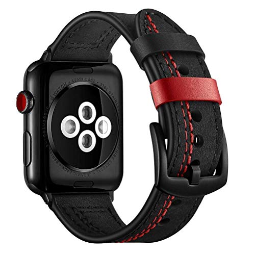 Lederarmband Leder Armband für Apple Watch Ersatzarmband schwarz mit roter Naht Series 6/SE/5/4/3/2/1 für Gehäuse 38mm/40mm oder 42mm/44mm Racing GP