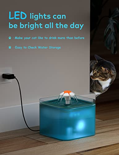 AONBOY Cat Water Fountain, 2L Cat Water Fountain for Drinking, Ultra Silent, LED Light, Activated Carbon Filter, Three Flow Patterns, Living Water Supply, Cat Fountain for Cats and Small Dogs