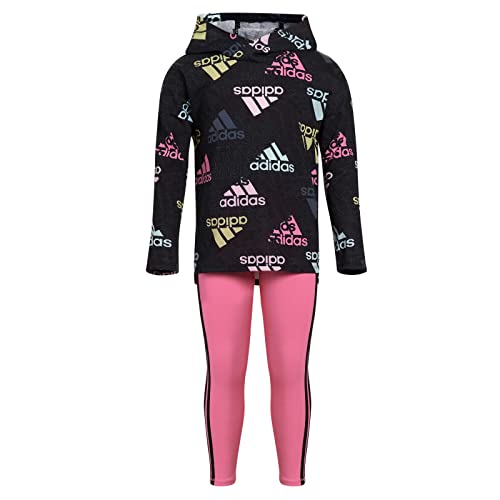 adidas Girl's Long Sleeve Graphic Hooded Tee and Printed Tights Set, Black with Multicolor, 6X2