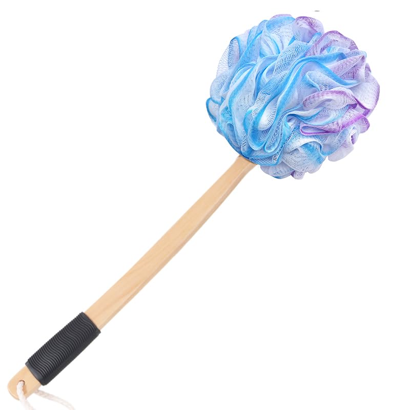FORENEE Lufa larga con asa, limpiador de espalda para ducha, lufa en un palo (19 pulgadas), puf de malla gigante de polietileno de 4.72 pulgadas, color azul, morado y blanco, mango de madera