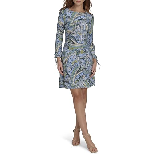 Image of Tommy Hilfiger Women's 3 /4 Tie Sleeve Round Neck Cotton Sheath Mini Dress