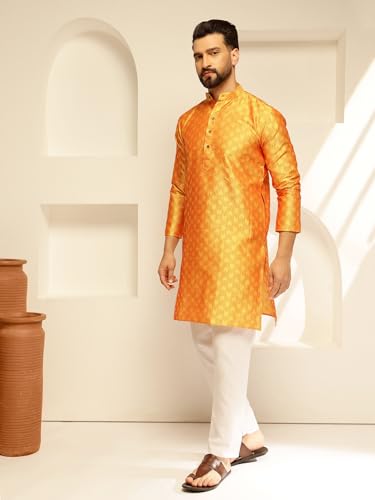 Image of SOJANYA (Since 1958 Men's Jacquard Silk Contrast Red Thread Woven Design Kurta With Pyjama
