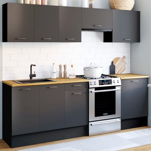 Cuisine complete 240 cm avec plan de travail intégré et 7 éléments de rangement noirs