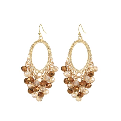 Gold/Silver Oval Shape Dangle Earrings with Colorful Tier Beads, Vintage Handmade Geometric Drop Earrings with Crystal Beads Cluster Jewelry Gift for Women