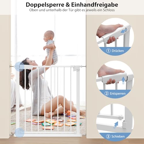 Baby Schutzgitter Treppe, Treppenschutzgitter Ohne Bohren Türschutzgitter Kinder Treppengitter Türgitter Baby, Einhändiges Öffnen Metall Gitter, Weiß, Breite: 75-82 cm