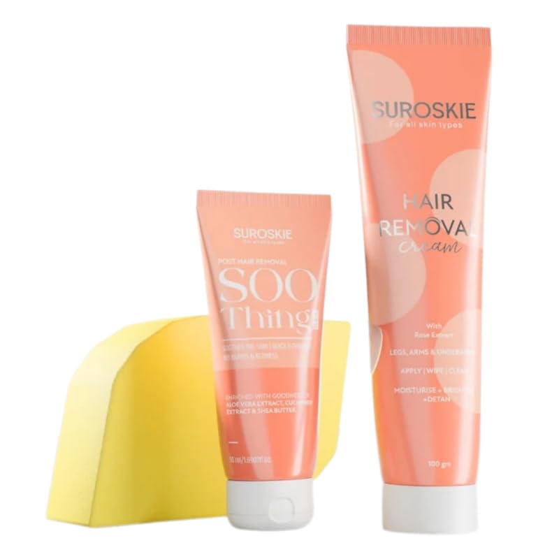Suroskie Hair Removal Kit | Hair Removal Cream 100gm + Post Hair Removal Soothing Gel 50ml + Sponge | Painless Hair Remover for Sensitive Skin | For Legs, Underarms, Bikini Line, Arms | Men & Women