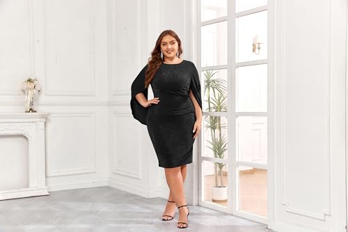 Image of Hanna Nikole Women Plus Size Chiffon Cape Dresses Ruffle Style Midi Bodycon Cocktail Dress