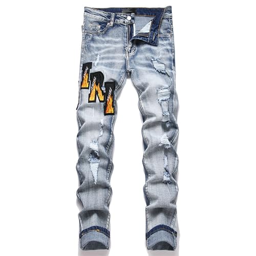 Light Blue Skinny Jeans, Elastic Four-Season Denim Pants, Embroidered Streetwear Jeans with Ripped Embroidery,29