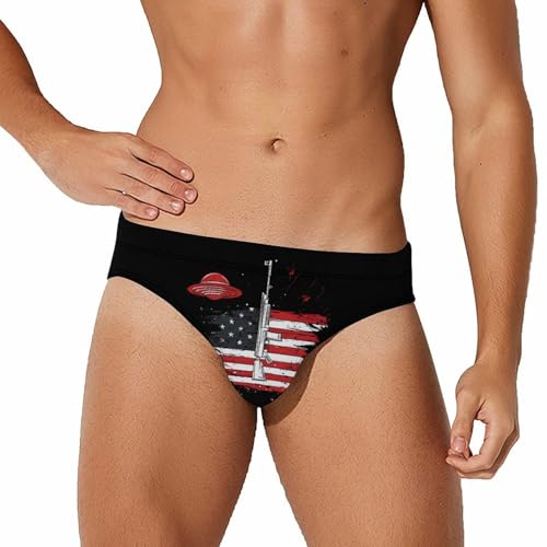 Aliens Rifle U.S.A. Flag Printed Swim Briefs for Men Sexy Bikini Swimwear Elastic Beach Trunks Bathing Suit