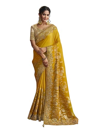 Image of TRENDMALLS Women's Jacquard Silk Embroidery Sequence Work Saree with Unstitched Blouse Piece