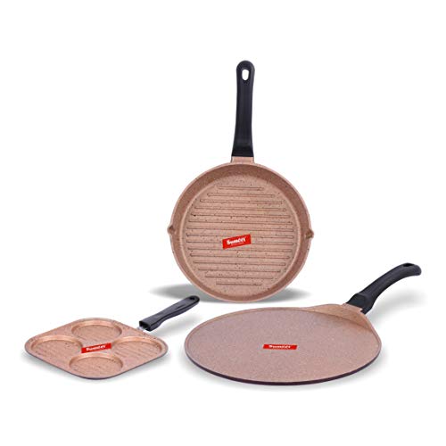 Image of Sumeet Nonstick Granite Finish ENCLAVE cookware set (Round Grill Pan 25.5cm Dia + Mini Multi Snack Maker - 4 Cavity - 19.5cm Dia + Tawa 30.5cm Dia)