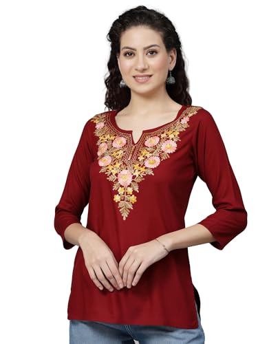 Image of QAZMI Women's Rayon Cotton Straight Keyhole Neck Three-Quarter Sleeves Israa Kashmiri Embriodered Short Kurti