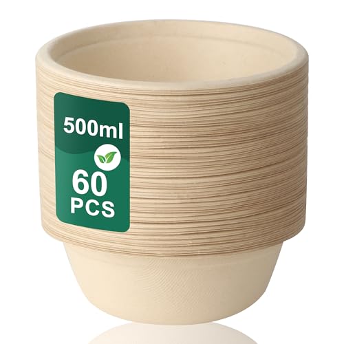 LIAILA 60 ciotole di carta usa e getta (500 ml) in canna da zucchero, ciotole per zuppa usa e getta, biodegradabili e compostabili, ideali per feste e picnic, stoviglie usa e getta (marrone) 50