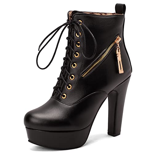 Zoducaran Mode Plateau Stiefeletten Absatz Chunky Damen Schnüren Knöchel Stiefel Zipper Abend Party Pole Dance Heels Niedrige Stiefel Black Big size 50 Cover