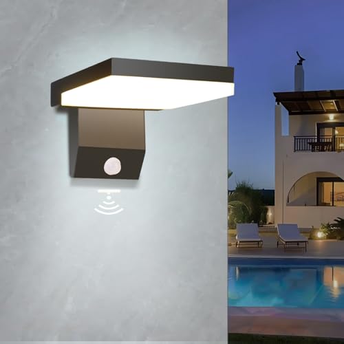 LED Lámpara Exterior Interior de 24W con sensor movimiento, lámpara de pared de 2250 lm y 6000K, Moderno Apliques de Pared resistente al agua IP66 para porche casa, garaje, paquete de 1, color negro