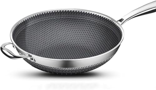 家庭用 炒め物鍋 316ステンレス 炒め鍋 深型 耐久性 和風 両面ハニカムフライパン 蜂の巣型ノンスティック加工 防錆 軽量 凹面電磁炉は鍋につかない 大容量 中華鍋 北欧 引越し 贈り物 料理店 朝食 自宅用 べたつかない鍋 (34cm,蓋なし)