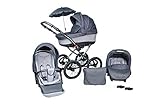 SKYLINE Klassisch Retro Stil LUX Kombi-Kinderwagen Buggy 3in1 Reise System Autositz (Isofix) (Graphit/14
