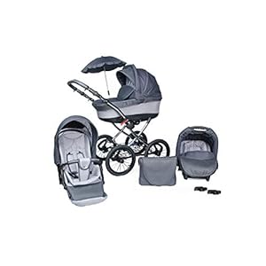 SKYLINE Klassisch Retro Stil LUX Kombi-Kinderwagen Buggy 3in1 Reise System Autositz (Isofix) (Graphit/14"Luft Bereifung)