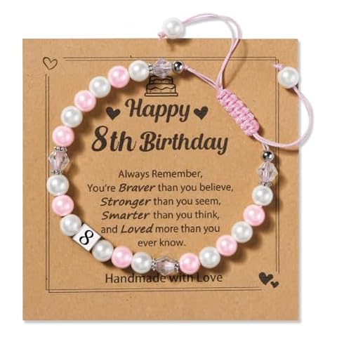 Aeakey 8 years old Birthday Gifts for Girl, Adjustable Pink White Pearl Bracelet for daughter, niece, granddaughter, or any special girl in your life (8 th) Cover