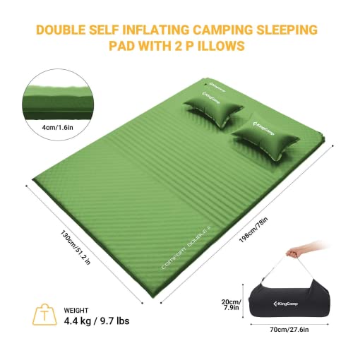 Kingcamp Double Sleeping Pad Camping Mattress, Self Inflating Foam Portable Compact Lightweight Queen Size Air Sleeping Mat For 2 Person For Tent, Outdoor, Indoor, Backpacking, Tent With Two Pillows #TOP2
