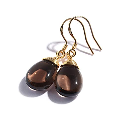 Scutum Craft Natural Stone Dangle Drop Earrings with Gold Plated Wire Wrap and 925 Sterling Silver Hook Jewelry for Women (Smoky Quartz Water Drop)