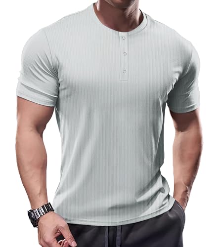 Muhshoiy Men's Ribbed Summer Cooling Short Sleeve T-Shirt - 3 Metal Button Placket, Drapey Fabric, Stretchy Muscle Slim Fit Shirt, Lightweight and Breathable Grey L