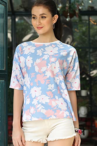 Image of Leriya Fashion Women Floral Print Top with Half Sleeves for Office Wear, Casual Wear Western Top Short Sleeve Pajama Sleep Nightshirt Scoopneck Casual Loungewear Top