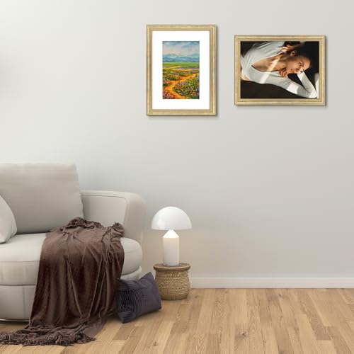 Image of Golden State Art,12x16 Ornate Picture Frame Holds 8x12 Photo,Vintage Gold | Includes plexiglass front,white mat,build-in hangers and buttons.Displays 8x12 photo on wall