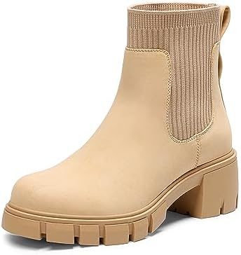 DREAM PAIRS Damen Plateau Chelsea Boots Bequeme Stiefeletten | Kunstleder & Strickschaft, Rutschfeste Sohle, Weiche Einlegesohle, 6cm Plateauabsatz, Elegant & Vielseitig Für Herbst