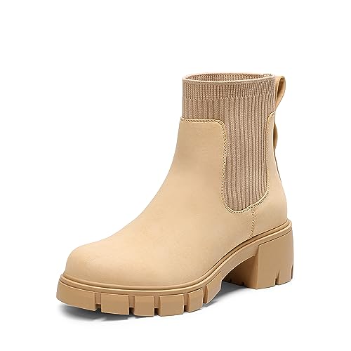 DREAM PAIRS Women's Elastic Chelsea Ankle Boots Fashion Low Chunky Heel Platform Lug Sole Short Booties Shoes,Size 9.5,Nude,SDAB2312W