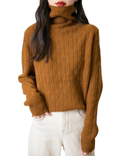 Women's 100% Merino Wool Turtleneck Sweater 2025 Fall Winter Casual Long Sleeve Warm Soft Cable Knitted Sweater
