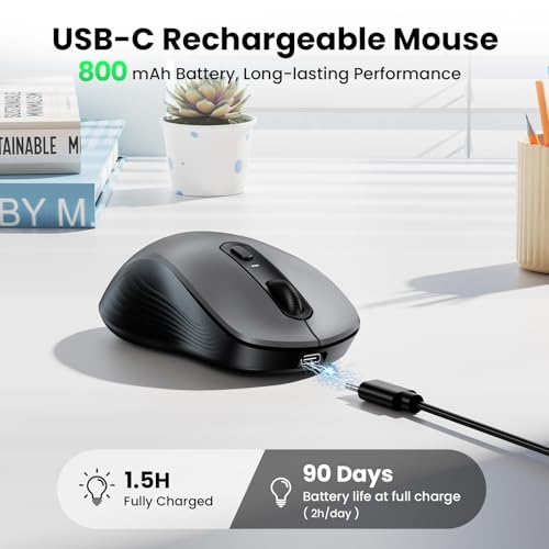 Image of TECKNET Rechargeable Bluetooth Mouse, [ USB + BT5.0 + BT3.0 ] Wireless Mouse, Full-Size, Silent Click, 6-Level 4800 DPI Wireless Mice, 3-Device Switching for Laptop, Computer, iPad, MacBook