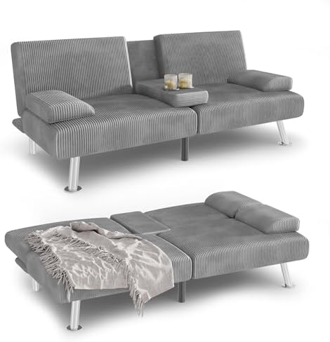 YESHOMY Futon Sofa Bed, Futon Couch with Adjustable Backrest, Convertible Sleeper Sofa with Removable Armrests, Loveseat in Corduroy with 2 Cup Holders for Living Room, Apartment (Grey) YESHOMY Futon Sofa Bed, Futon Couch with Adjustable Backrest, Convertible Sleeper Sofa with Removable Armrests, Loveseat in Corduroy with 2 Cup Holders for Living Room, Apartment (Grey)