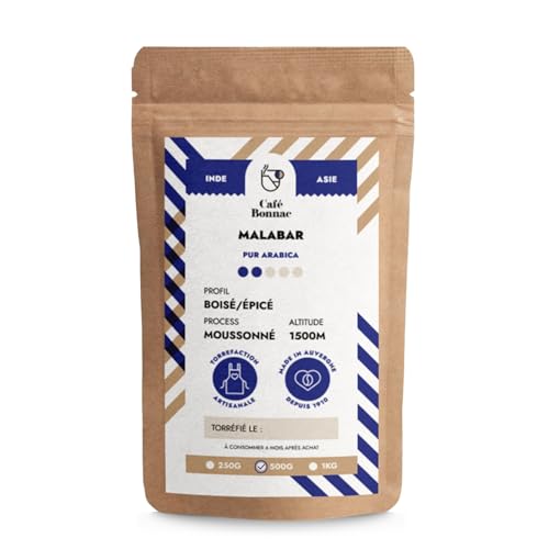 Café Bonnac – Café En Grain Inde Malabar Moussonné 500gr | 100% Arabica Traditionnel | Notes De Céréales, Poivre Doux Et Bois Sec | Torréfaction Artisanale | Idéal Machine À Café Grain