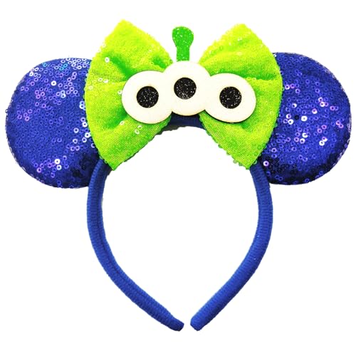 Prunend Alien Mouse Ears Headband: Green Sequin ET Bow Headwear, Gilltering Festival Hair Band for Women Men Halloween Party Decoration Photography Fashion Park Trip