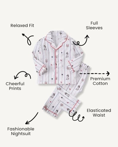 Image of Girls Premium Cotton Full Sleeves Printed Nightsuit Set | Collar Style Night Dress for Girls | Soft & Breathable Pajama Set | Trendy Kids Sleepwear & Nightwear