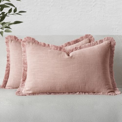 Image of MIULEE Boho Linen Fringe Decorative Lumbar Throw Pillow Covers Pink 12x20
