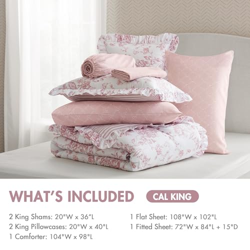 Image of Madison Park Essentials Adele Pink Floral Cal King Size Comforter Set - Vintage Bed in a Bag with Sheets, Reversible Ruffle Bedding, Elegant Gift for Her