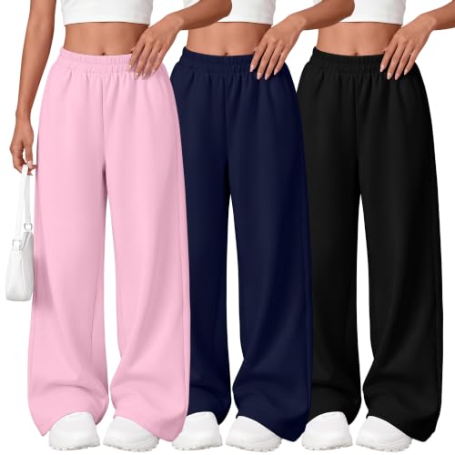 LessonZoo 3 Pack Girls Wide Leg Sweatpants Kids Baggy Pants 3Color 7-8Y
