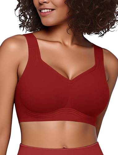 Easybunny Jelly Bras for Women Plus Size Minimizer No Underwire Supportive Full Coverage Wider Straps Seamless Tshirt Bra Red XL