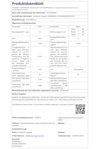Telefunken Unterbau-Geschirrspüler | Spülmaschine 60 cm | 12 Maßgedecke | 9 Programme | AquaStop - Schutz vor Wasserschäden | Auto-Door | leise 44 dB | inkl. Besteckkorb | G-EU-6014-C-I