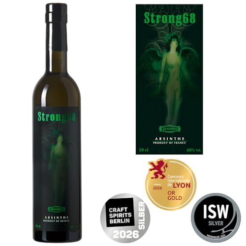 Absinth Set Strong68 von ALANDIA | Das prämierte Original mit Wermut und Thujon | 2x Gläser 2x Löffel 1x Zuckerwürfel | (1x 0,5 l)