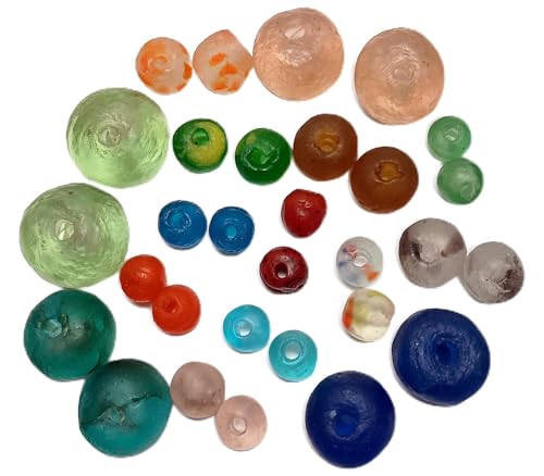 Beads, Round or Near Round Recycled Glass, 24 Plus Pieces Assorted, Rare Colors, Paired, 10 to 20 mm, Ghana